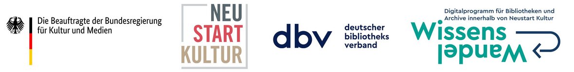Logos: Die Beauftragte der Bundesregierung für Kultur und Medien, NEU START KULTUR, dbv Deutscher Bibliotheksverband, WissensWandel Digitalprogramm für Bibliotheken und Archive innerhalb von Neustart Kultur