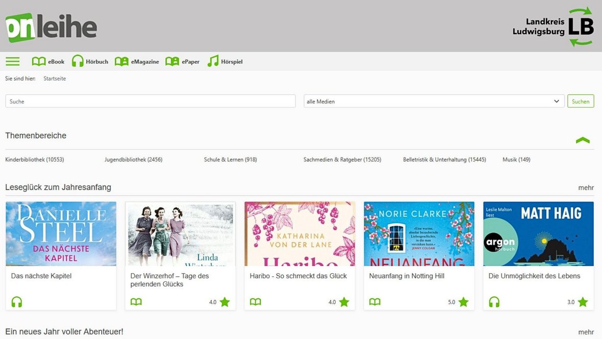 Screenshot Startseite Onleihe LB Landkreis Ludwigsburg